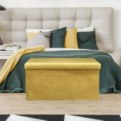 La Chaise Longue Mobilier-COFFRE BANC PLIABLE VELOURS COTELE GIULIA JAUNE