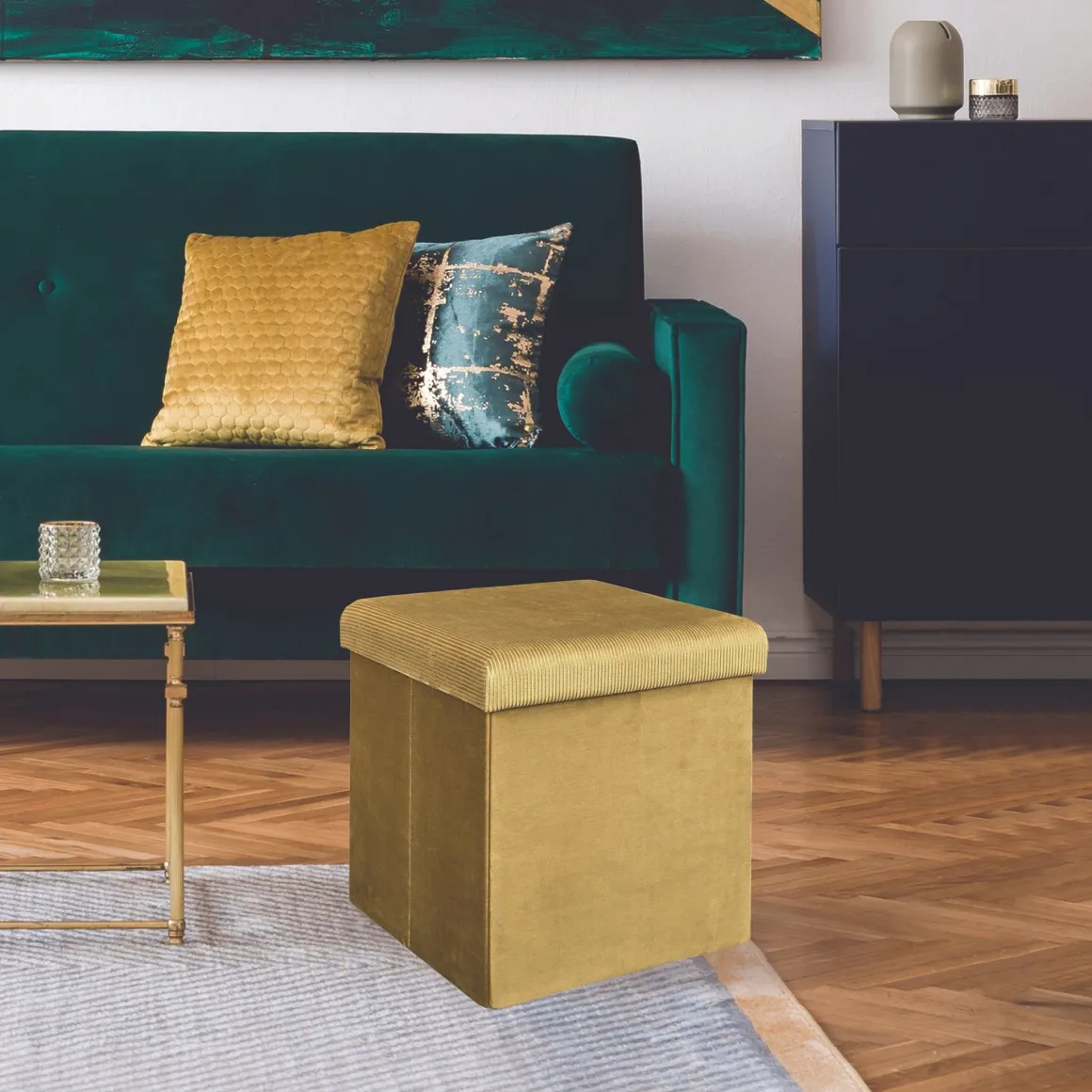 La Chaise Longue Mobilier-COFFRE POUF PLIABLE VELOURS COTELE GIULIA JAUNE